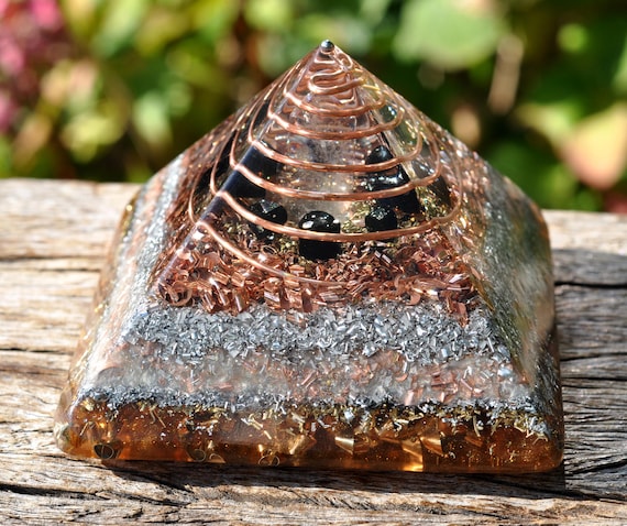LARGE Orgonite® Pyramid with Quartz and black Tourmalines - EMF Harmonizer