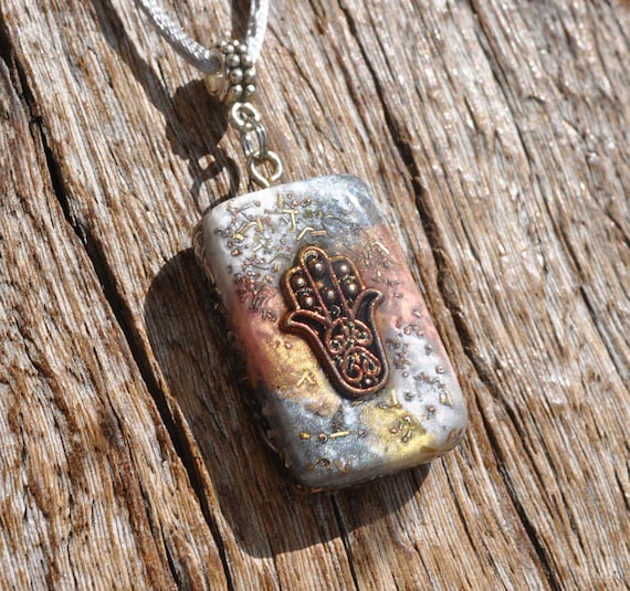 Protection Hand orgone Orgonite® Pendant Necklace with Hamsa Hand of Mary - Unisex