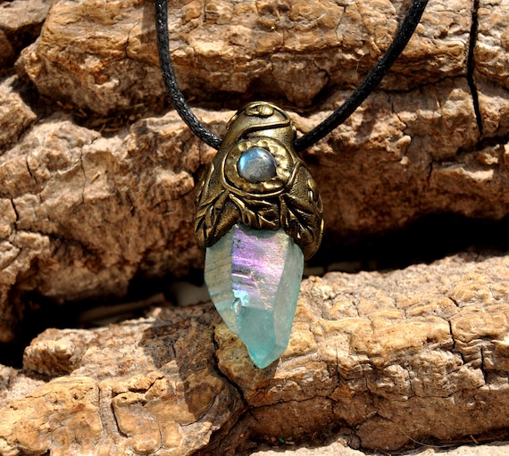 Handmade Aqua Aura Quartz & Labradorite Clay Pendant Necklace