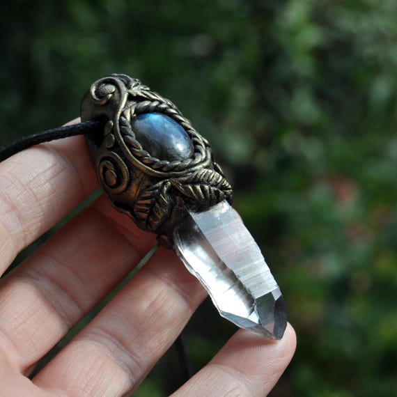 Handsculpted Lemurian Crystal with Labradorite Pendant Necklace