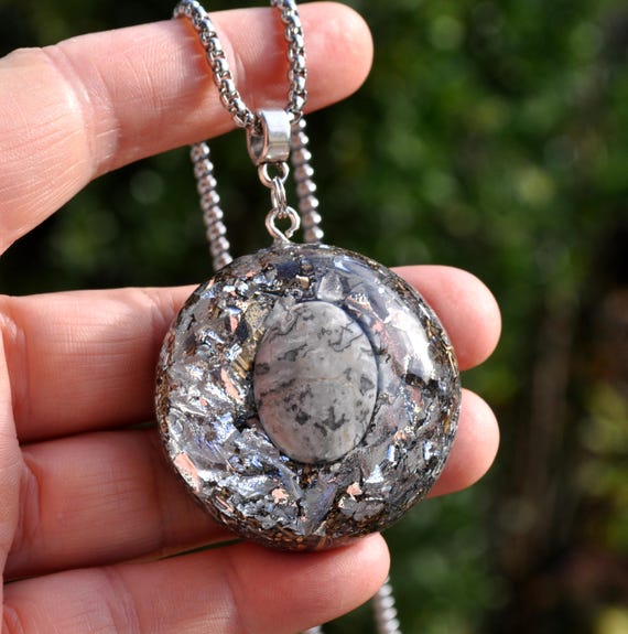 Large White Crazy Lace Agate Orgonite® Pendant with Pure Silver - Unisex Energy Balancing Necklace