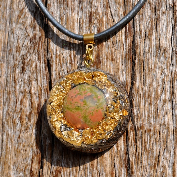 Large Unakite Orgonite® Pendant with 24K Gold - FREE SHipping !