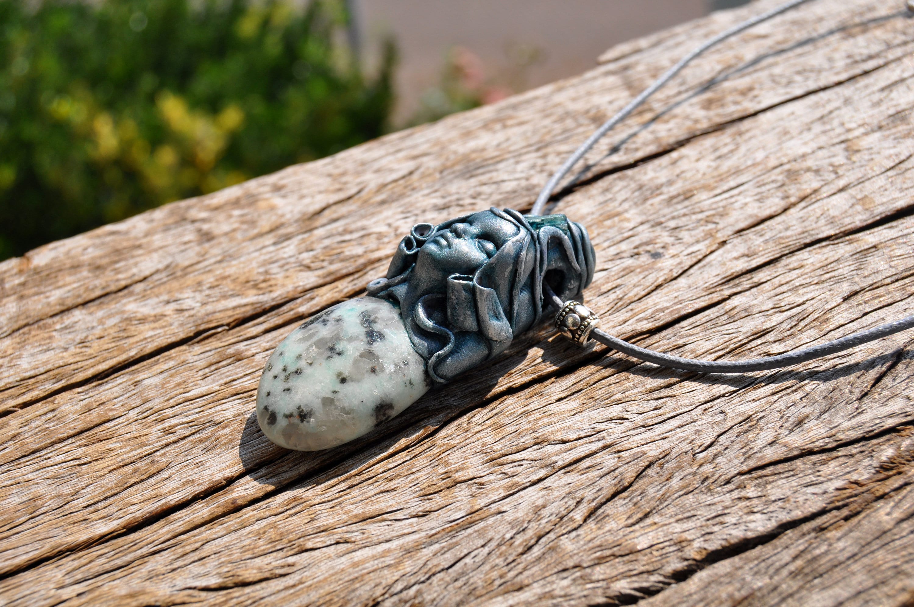 Kiwi Jasper Pendant with blue Tourmaline Clay Stone Necklace, FREE ...