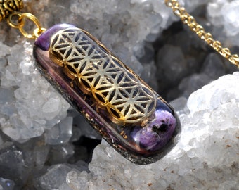 PURPLE CHAROITE Orgonite® Necklace, Gold FLower of Life pattern  -  FREE Shipping !