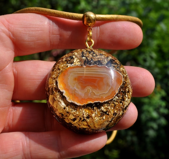 Orange BOTSWANA AGATE Orgonite® Pendant Necklace 24K gold Unisex