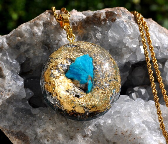 Rare CAVANSITE CLUSTER Orgonite® Pendant Necklace Unisex with 24k Gold