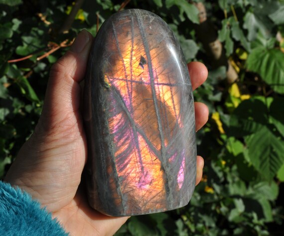 601g Pink Orange Labradorite Freestanding Sculpture 21.2 Oz.  Standing Crystal FREE Delivery
