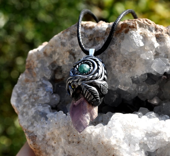 Raw Amethyst with Apatite pendant - Clay Gemstone Handsculpted Necklace