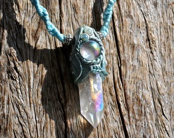 NATURAL ANGEL Aura Quartz with Welo Opal and Rose Quartz Pendant Necklace