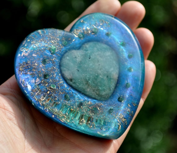 Amazonite Heart with Emerald Orgonite Orgone Heart - Crystal charging Disc - Harmonizer EMF