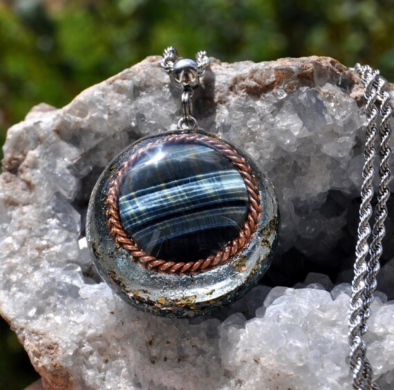 Falks Eye Orgonite Resin Art Pendant: Copper Tensor Ring, EMF Protection