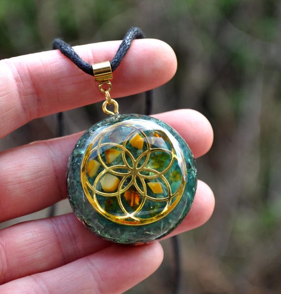 Custom Orgonite Pendant Necklace – Seed of Life Design, EMF Protection, Choose Your Gemstone