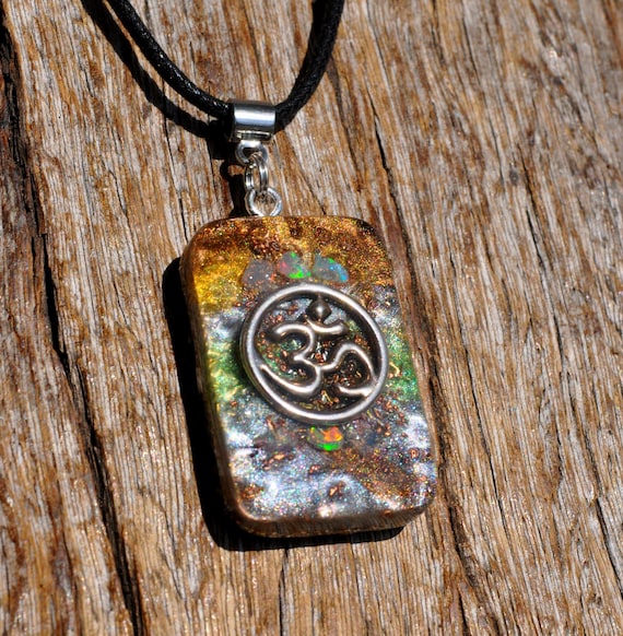 AUM Welo OPAL Multicolor Pendant Orgonite® Necklace - Unisex - Free Delivery ! Rectangle Shape - One of a Kind Jewelry