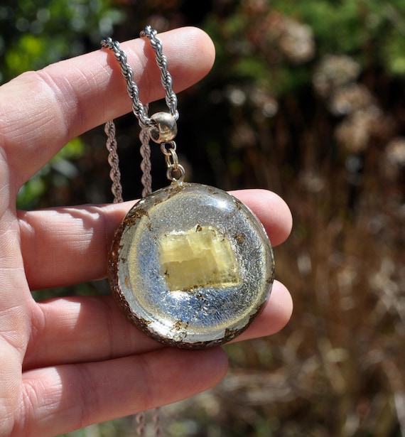 Golden Baryte Orgonite® Pendant – Silver Leaf, Protection, Energy, Handmade Necklace