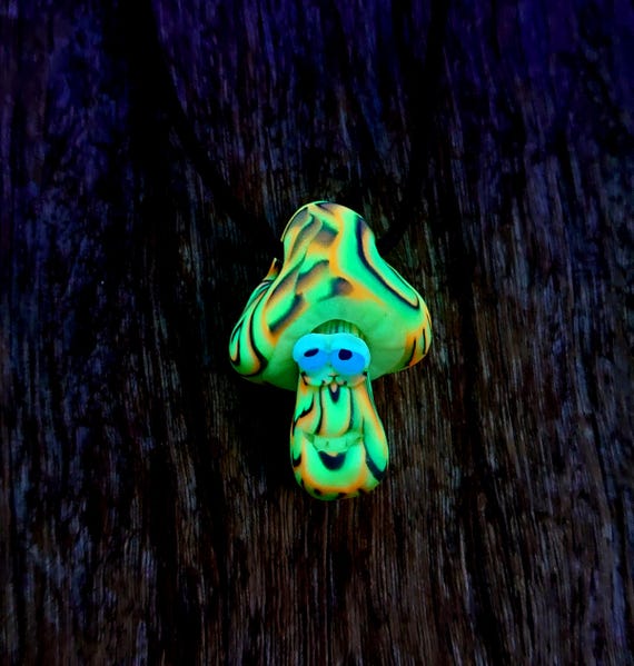 Handsculpted UV Mushroom Pendant UV Active Psychedelic Blacklight Necklace