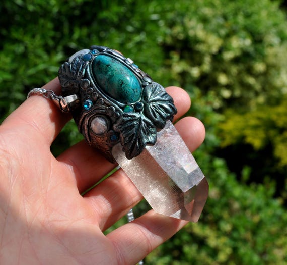 Natural Terminated Quartz Crystal Wand with Chrysocolla, blue Moonstones Pendant - Energy Tool Necklace - Free Delivery Worldwide