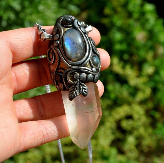 TANGERINE LEMURIAN Crystal with multiple Labradorites Pendant Necklace Wand Energy Tool