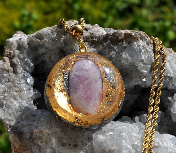 Handmade Pink Kunzite Orgonite Pendant – EMF Protection Crystal Necklace – Heart Chakra Energy Jewelry Gift