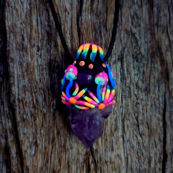 Amethyst Pendant with UV-Active Mushroom Woodland Details