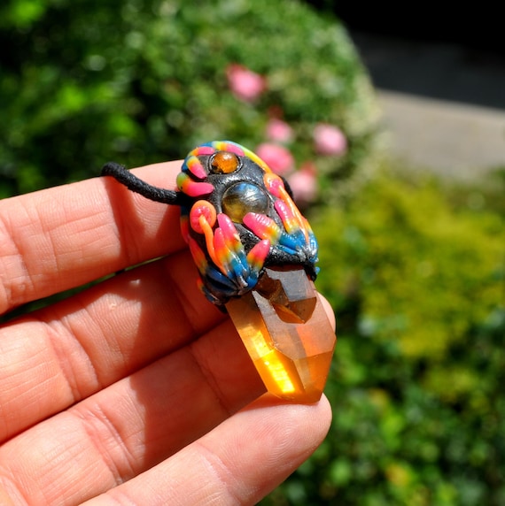 Tangerine Quartz Pendant with UV Active Mushrooms, Labradorite & Carnelian | Handmade Crystal Necklace | Adjustable Cord