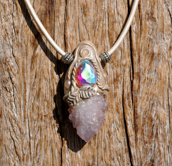 Lavender SPIRIT QUARTZ Pendant with glass gem, Welo Opal and Rose Quartz Necklace - Clay Gemstone Jewelry  FREE Delivery