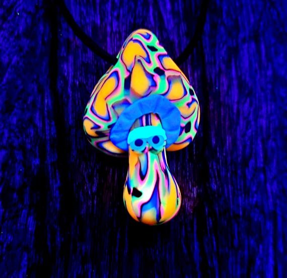 Handsculpted UV Mushroom Pendant UV Active Psychedelic Blacklight Necklace