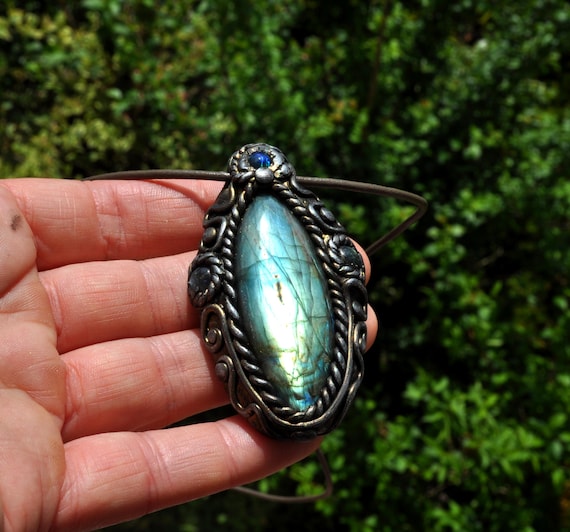Necklace  LABRADORITE with Black Opal Pendant - Marquise
