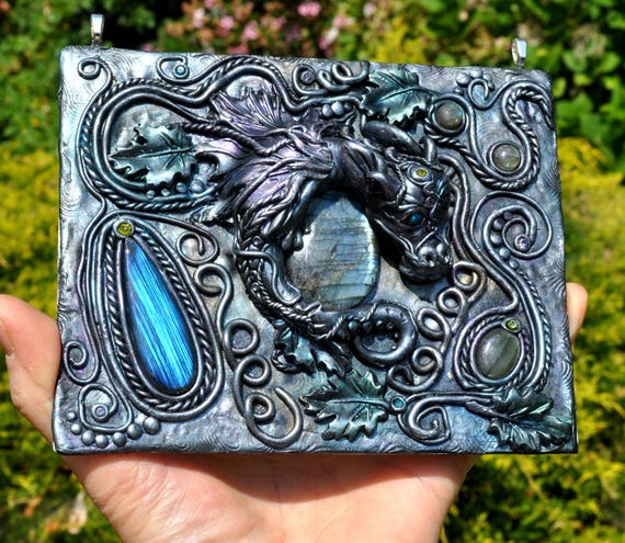 Guardian Dragon Wall Art – Fantasy Sculpture with Labradorite & Black Opal Eyes – Crystal Decor – Handmade Mythical Creature