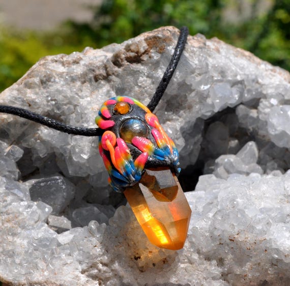 Tangerine Quartz Pendant with UV Active Mushrooms, Labradorite & Carnelian | Handmade Crystal Necklace | Adjustable Cord