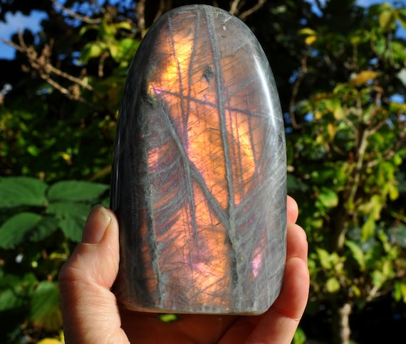 601g Pink Orange Labradorite Freestanding Sculpture 21.2 Oz.  Standing Crystal