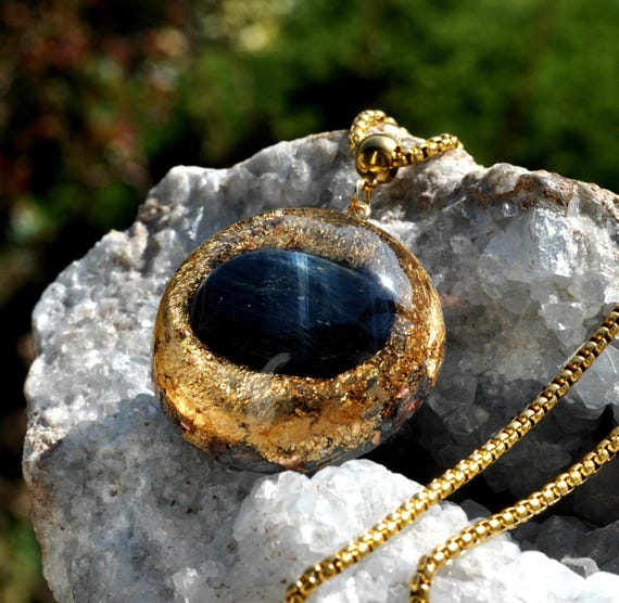 HAWKS EYE Natural Blue Tiger's EYE Orgonite® Pendant Necklace, Unisex