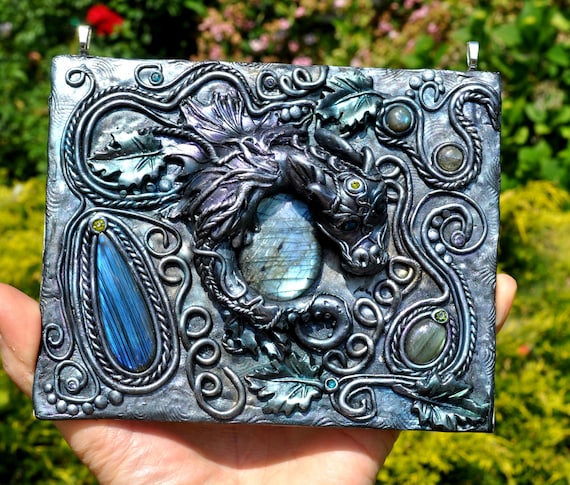 Sculpted Dragon Wall Art Labradorite & Black Opal Eyes, Fantasy Sculpture