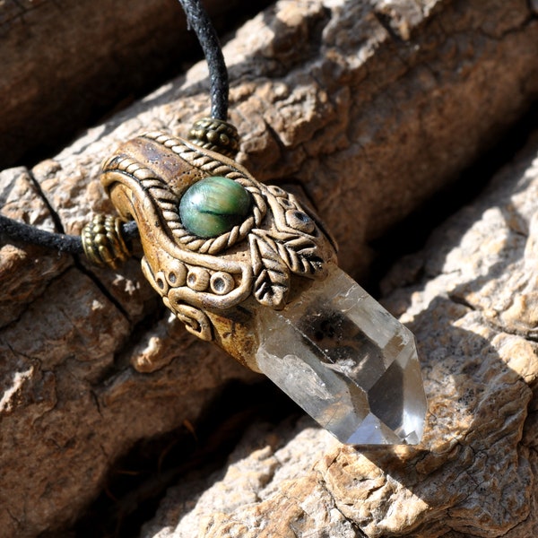 FREE Delivery Clear Quartz Crystal Pendant with Tiger's Eye Clay Handsculpted UNISEX