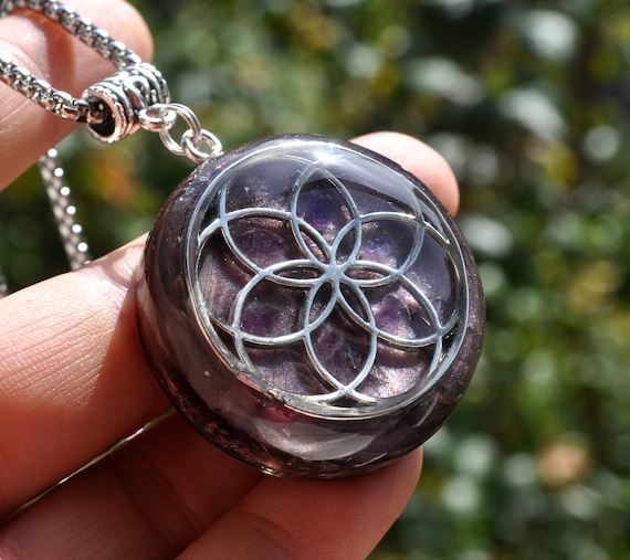Orgonite CAPE AMETHYST Silver Seed of Life Orgone Pendant Necklace