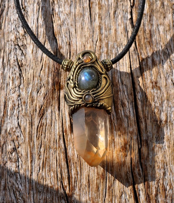 Handsculpted TANGERINE QUARTZ Pendant with Labradorite Handsculpted Art Unisex