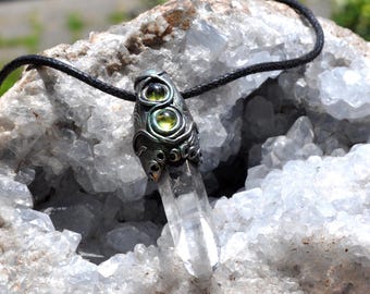 Clear Quartz Pendant with green Peridot Handmade Artisan Necklace Unisex