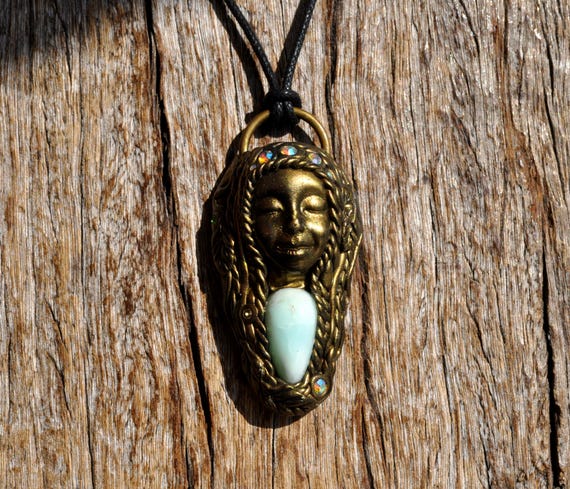 Green Blue MINT Opal Goddess Pendant Necklace, Clay Gemstone Necklace
