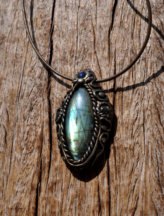 Sculpted LABRADORITE with BLACK OPAL Pendant Necklace - Marquise