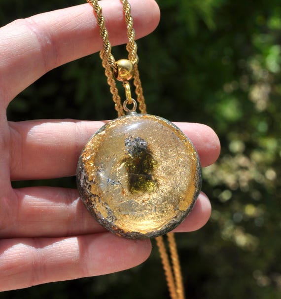 MOLDAVITE Pendant Orgonite® Necklace LARGE - 24k leaf Gold - Unisex