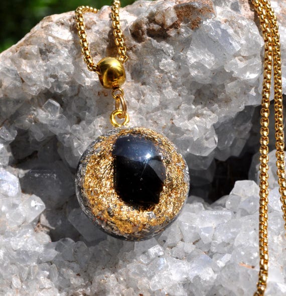 Black Tourmaline Orgonite® Orgone Pendant with 24K Gold, EMF Protection, Unisex - FREE Shipping !