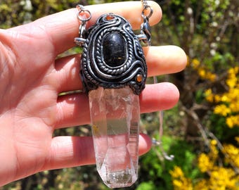 LEMURIAN Quartz Wand with GREENLAND NUUMMITE - Crystal Healing Tool