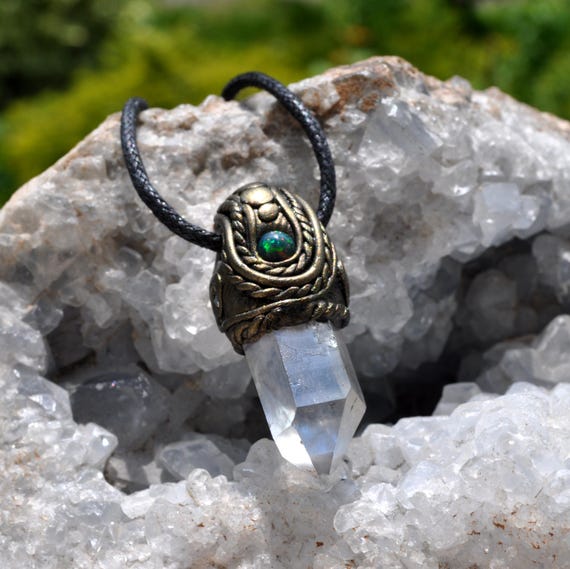 AURA Quartz with Black OPAL, Unisex - Small Gemstone Pendant - FREE Delivery