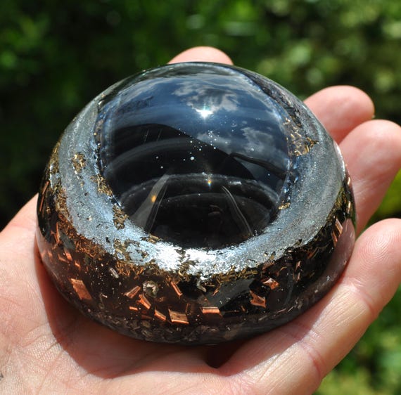BLACK OBSIDIAN Dome Orgonite® Orgone Generator® with Silver, EMF Harmonizer - Free Delivery !
