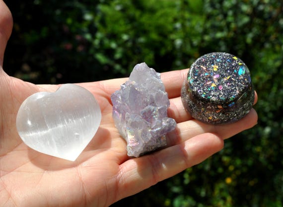 Spiritual Healing Gift Set Selenite Heart, Aura Amethyst, Orgonite Towerbuster