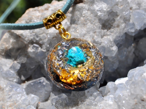 Orgonite® Necklace raw Chrysocolla Pendant with 24K Gold, Unique