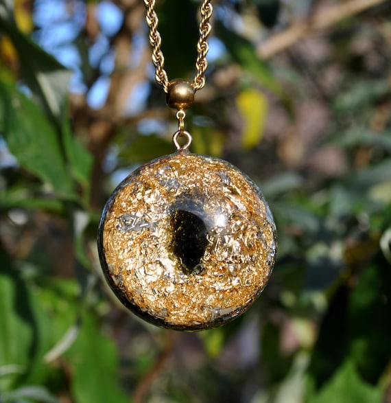 MOLDAVITE Pendant Orgonite® Necklace LARGE - 24k leaf Gold - Unisex