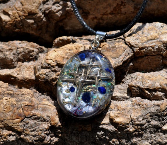 AZURITE CRYSTALS Celestial Starseed Stars Galaxy Pendant Orgonite® Oval Shape Unisex