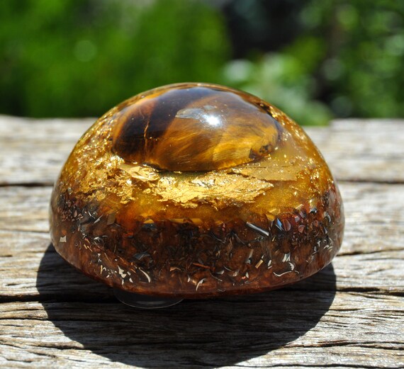 TIGER EYE Dome Orgonite® Orgone Generator® Small Dome with 24K Gold