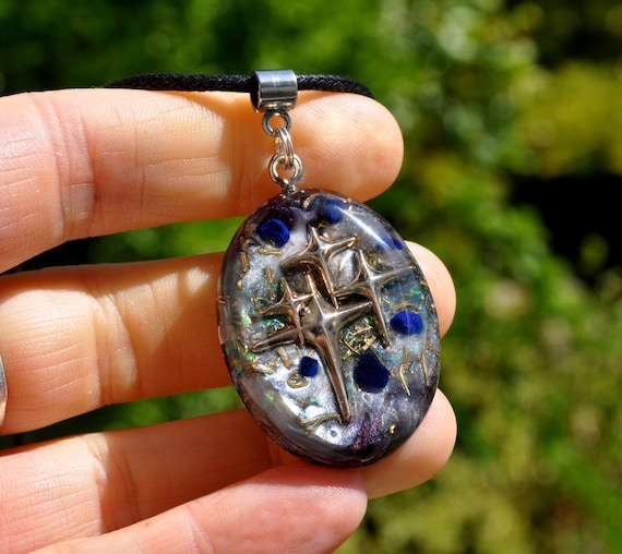 AZURITE CRYSTALS Celestial Starseed Stars Galaxy Pendant Orgonite® Oval Shape Unisex