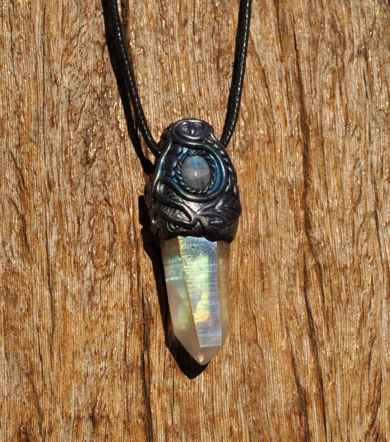 Aura Quartz & Moonstone Necklace – Natural Terminated Crystal Pendant